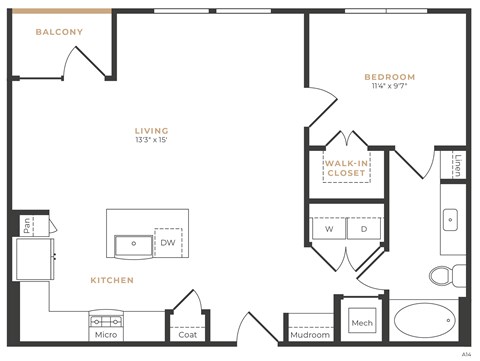 Floor plan for 1 bed, 1 bath, 801 sqft